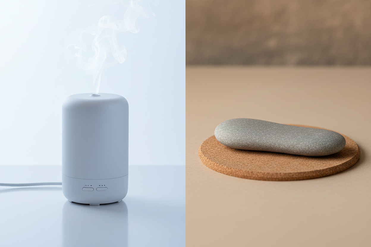 Diffuseur électrique avec fil et vapeur à gauche, comparé à un galet diffuseur passif en pierre posé sur un sous-verre en liège à droite.