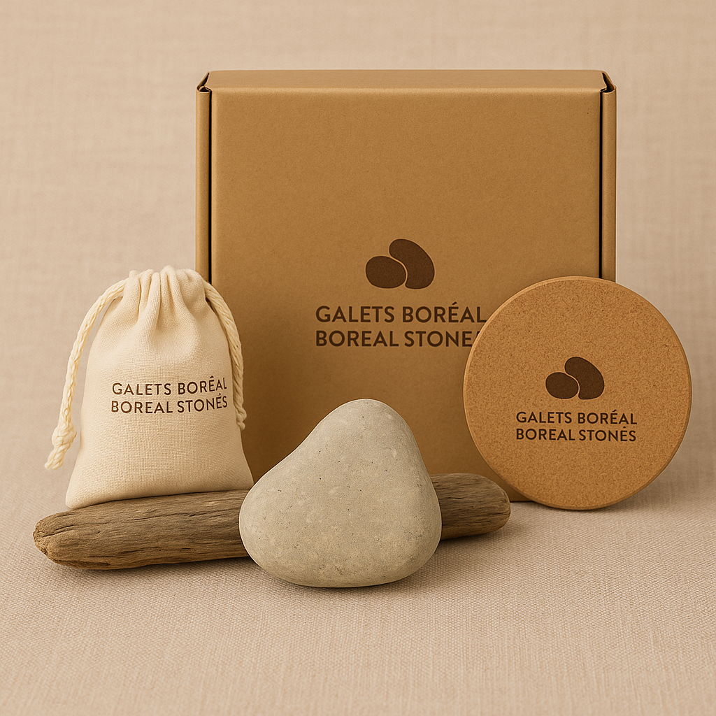 Boreal Calm natural stone oil diffuser with cork support and cotton pouch.