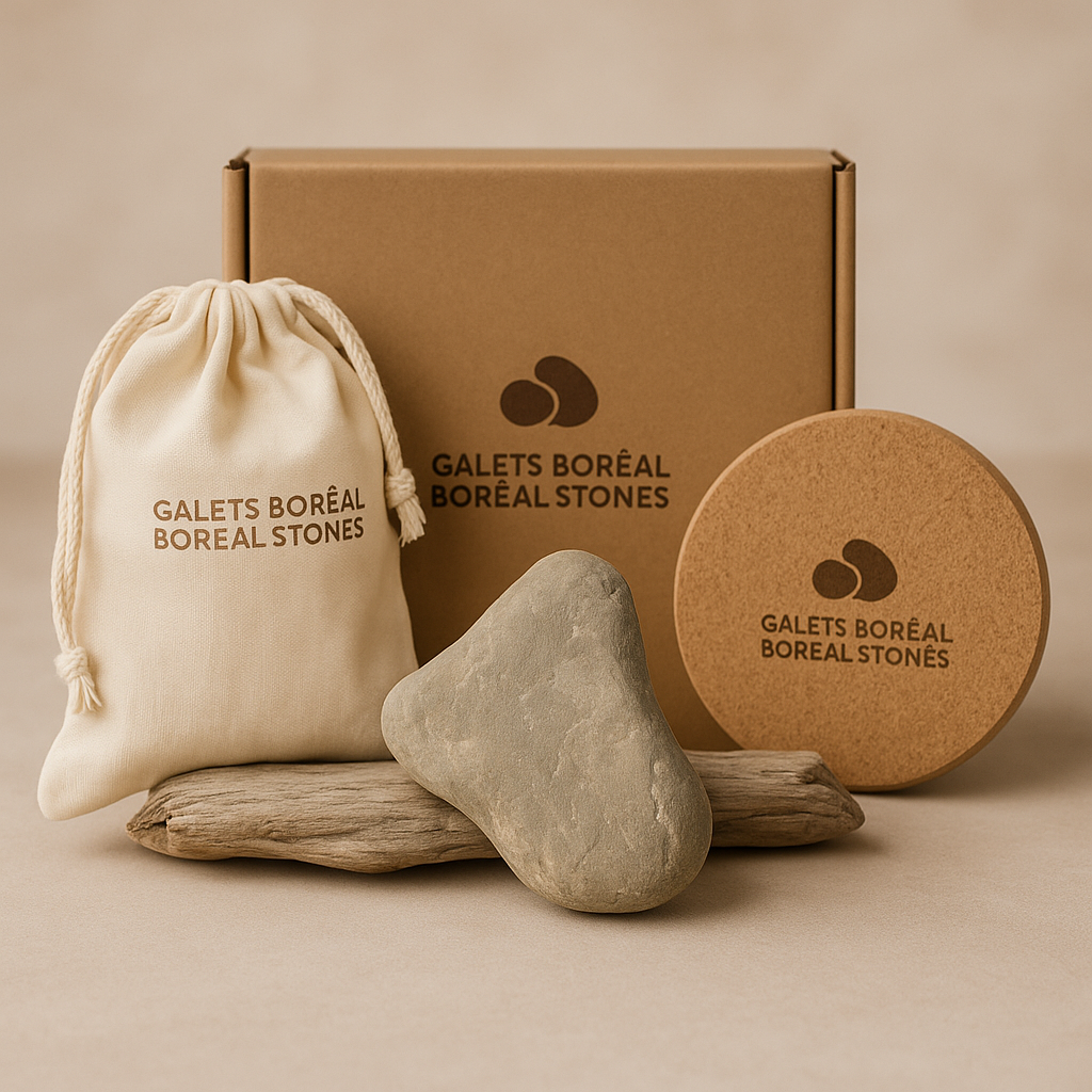 Boreal Deep natural stone diffuser with cork support and cotton pouch.