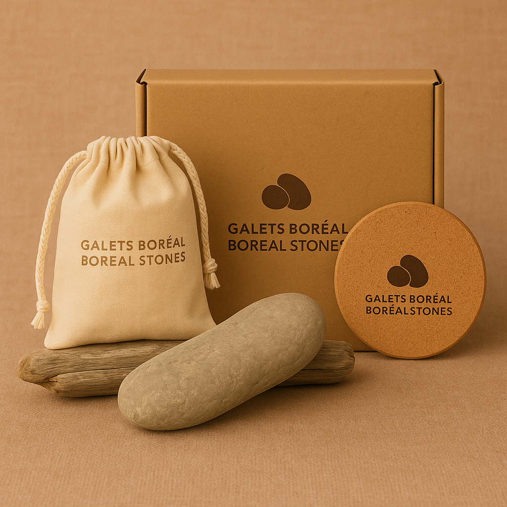 Boreal Still natural stone diffuser with cork support and cotton pouch.